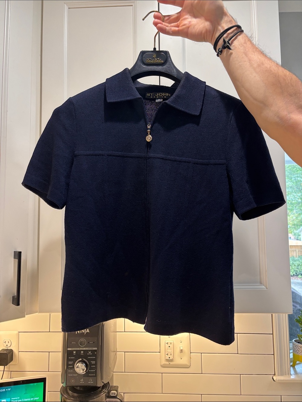 St. John Navy Short-Sleeve Zip Polo Top - Classic Knit with pants